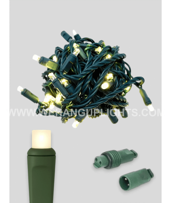 Coiled 5mm mini-light strand with green cable and connectors