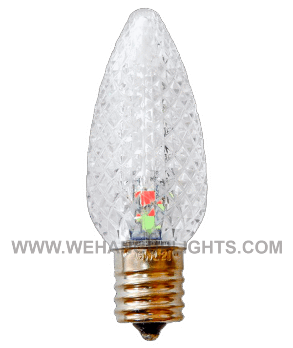 Faceted RGBW C9 colour-changing light bulb with a screw base
